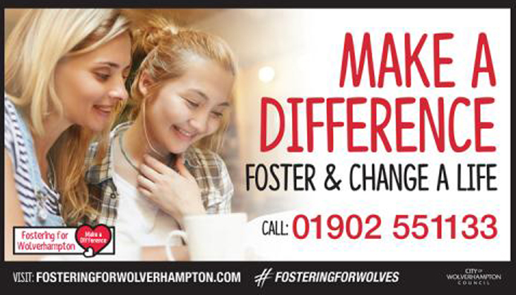This is an advert for Fostering for Wolverhampton with a photo of a mum and girl smiling together
