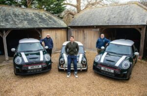 Mike and Charlie, son and grandson of the Mini Cooper creator John Cooper with Freddie and the unique W9 RKS MINI that was auctioned off for Buttle UK 