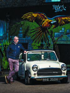 Freddie and his cherished Innocenti Mini Cooper - an Italian made, left hand drive Mini 