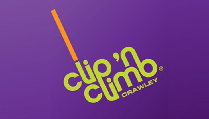 Clip 'n Climb logo, Green text on purple background