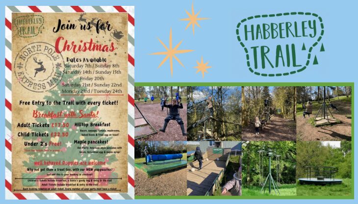 Poster For Breakfast With Santa At Habberley Trail With Photos Of Outdoor Adventure Course