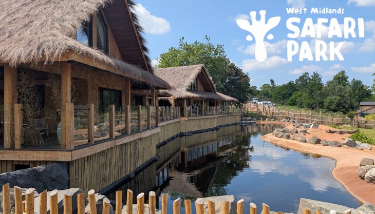 What’s New At West Midlands Safari Park In 2025: Image Of The New Hippo Lodges Overlooking Water Ans Sand, Looks As Though It Could Actually Be Africa!