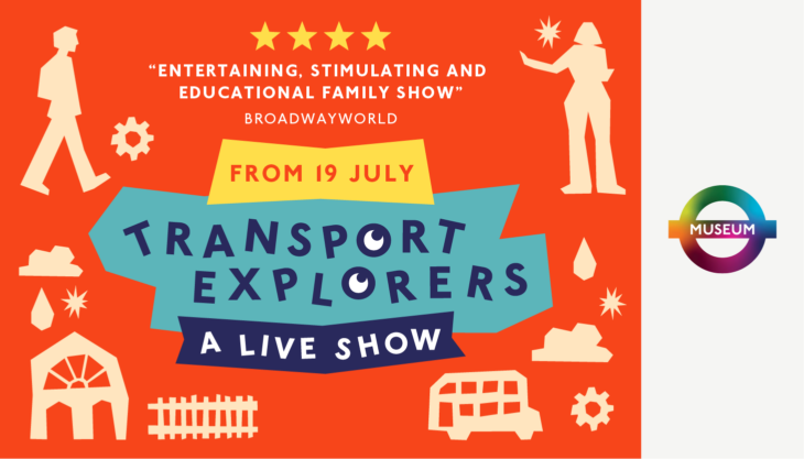 Children Participating In An Interactive Live Theatre Show At The London Transport Museum, With Actors Dressed As Engineers Performing Science Experiments On Stage And Engaging The Audience In A Colourful, High-energy Setting.