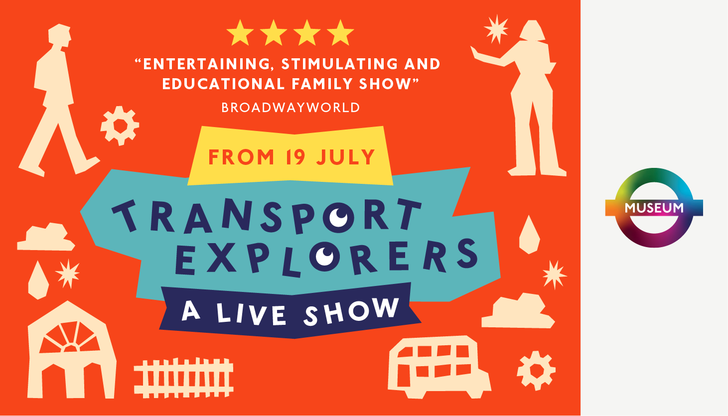 Children participating in an interactive live theatre show at the London Transport Museum, with actors dressed as engineers performing science experiments on stage and engaging the audience in a colourful, high-energy setting.