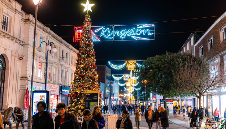 Christmas Lights In Kingston Upon Thames Showing The High Street And A Tall Christmas Tree