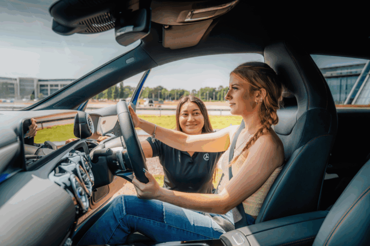 Image of the driving experience at Mercedes Benz World which is available for children over 1.5 m tall and adults