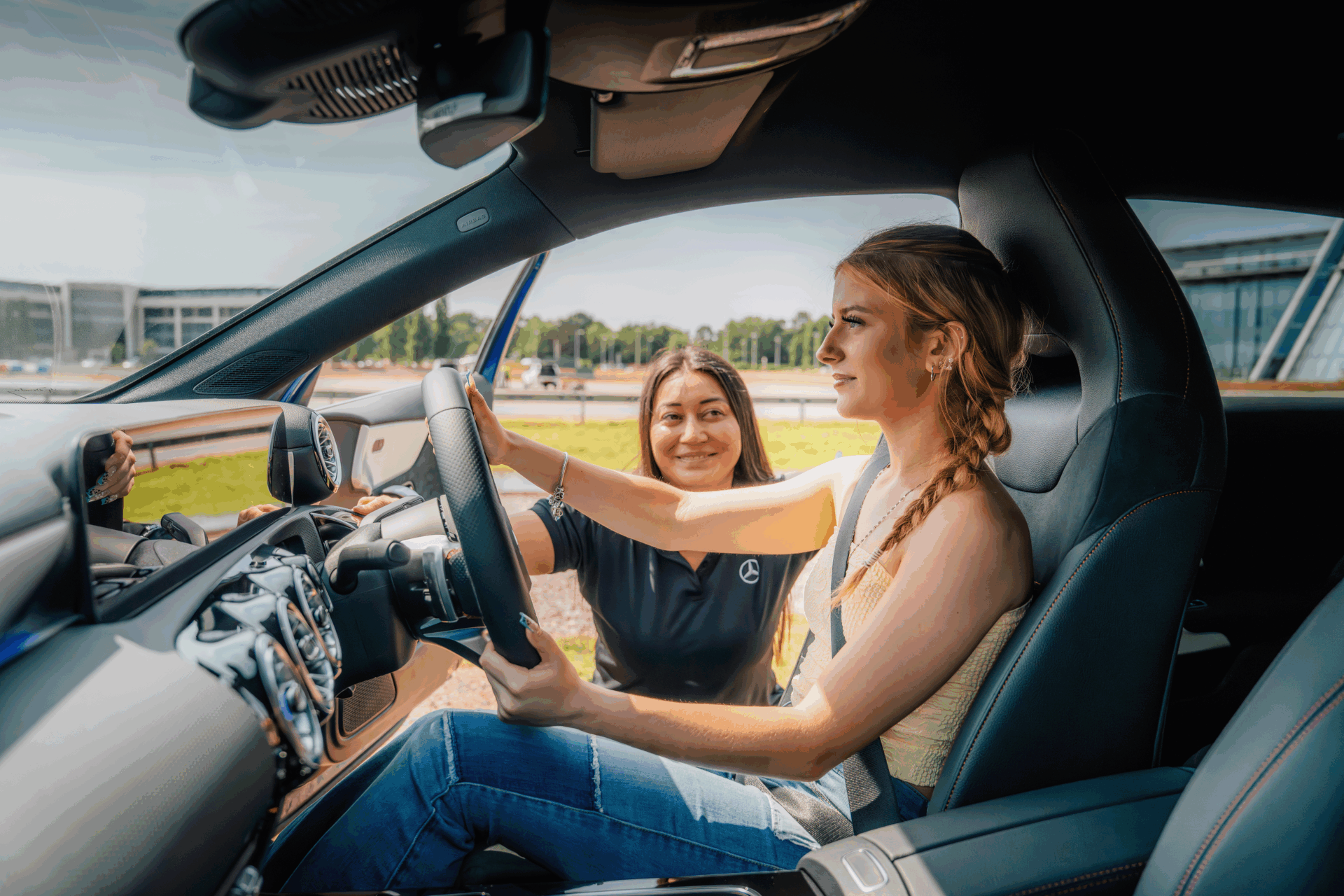 Image of the driving experience at Mercedes Benz World which is available for children over 1.5 m tall and adults