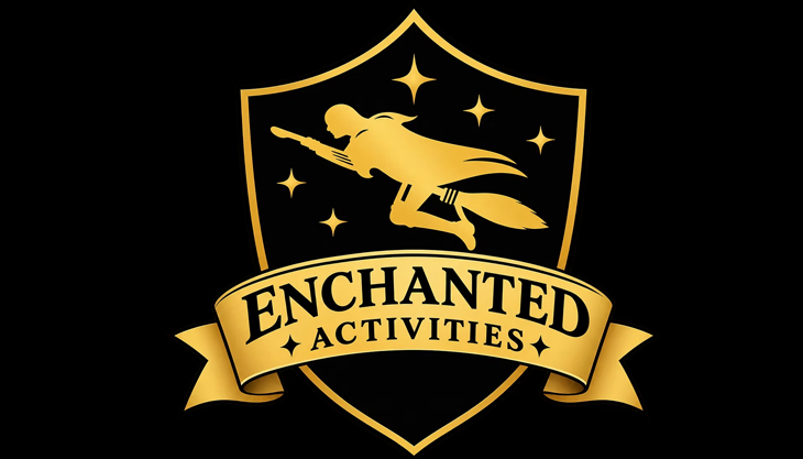 Enchanted activities logo with person flying on a broomstick playing games for children in magic and adventure