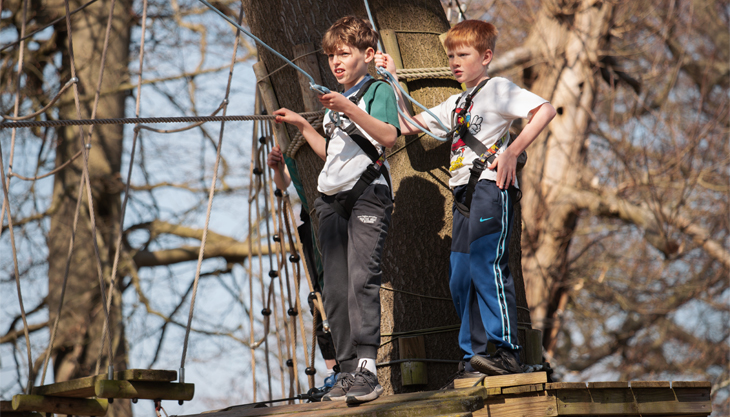 Children in the trees taking part in High Ropes Adventures at The Oakwood, Esher, Surrey, also available as part of holiday camps