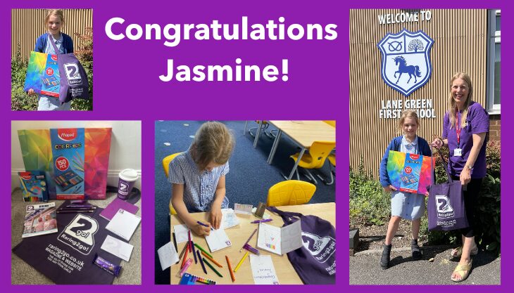 Lane Green First School pupil Jasmine being presented with her prize of art supplies from Mapped Helix and a Raring2go! Goody Bag by Editor Jo Messinger